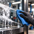 Illustrative Detailansicht: Reinigungsschaum wird von Glas abgewischt