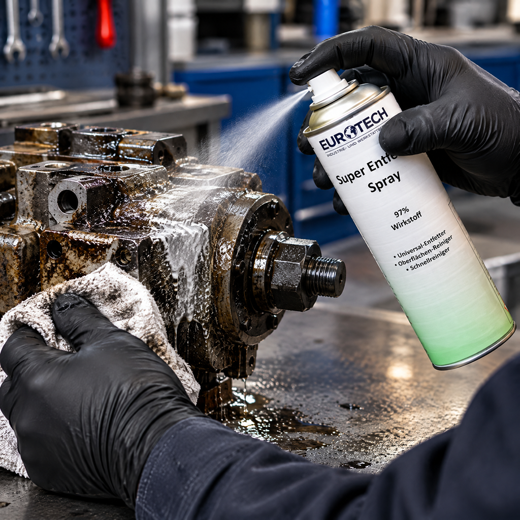 Super Entfetter Spray an einem Metallbauteil, Anwendungsillustration